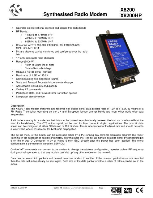 Synthesised Radio Modem X8200 X8200HP - RF Solutions