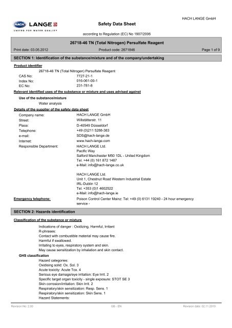 Safety Data Sheet - HACH LANGE