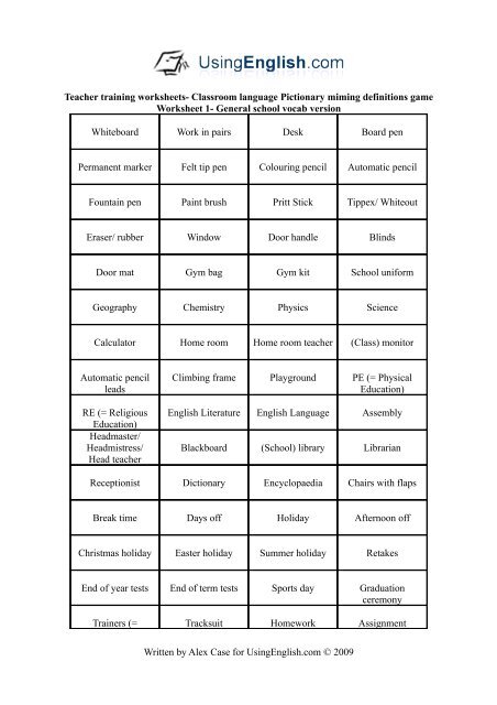 Classroom Language- Mime Pictionary Definitions