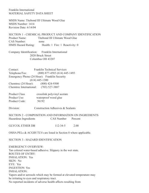 Titebond III Ultimate Wood Glue MSDS Number - Highland ...