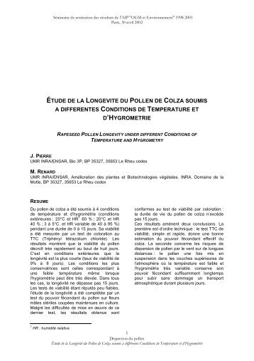 Ã©tude de la longevite du pollen de colza soumis a ... - SympoScience