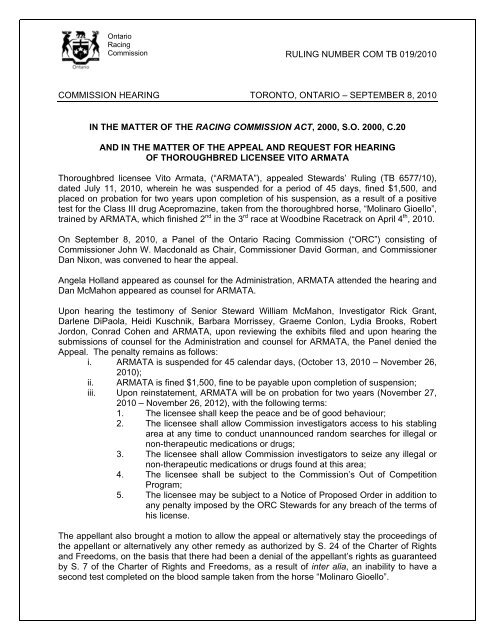 Ruling template - Ontario Racing Commission