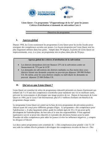 Critères d'attribution et demande de subvention Core 4 - Lions Quest