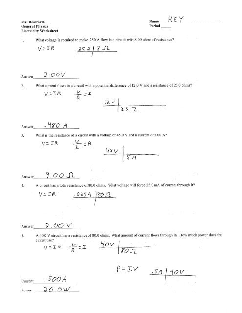 Electricity Worksheet Answers