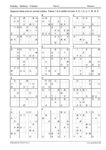 Sudoku - Mellem - Vokaler Navn: Klasse - GratisSkole.dk