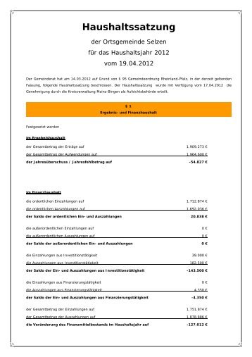 Haushaltssatzung - Verbandsgemeinde Nierstein-Oppenheim