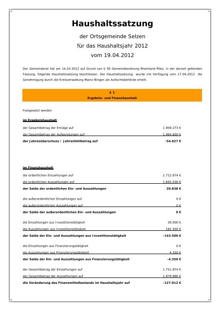 Haushaltssatzung - Verbandsgemeinde Nierstein-Oppenheim