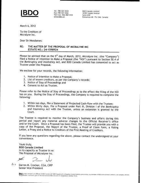 Creditors Package NOI - BDO Extranet