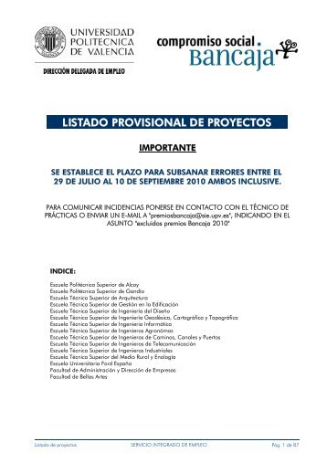 Listado provisional de candidaturas a premios Bancaja-UPV