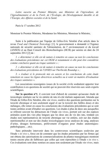 Lettre ouverte au Premier Ministre, aux Ministres de l'Agriculture, de ...
