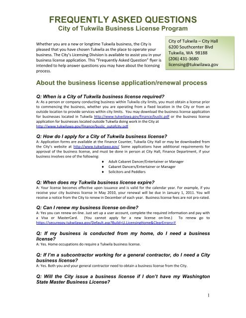 Business License Frequently Asked Questions - the City of Tukwila