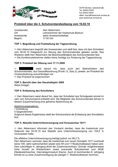 3. Protokoll Schulvorstand 09/10 - Inselschule Borkum