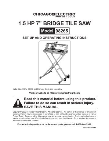 1.5 HP 7â€ BRIDGE TILE SAW - Harbor Freight Tools