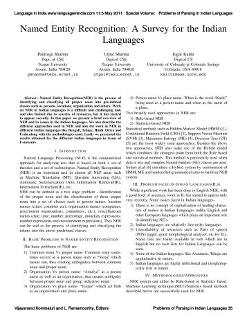 Named Entity Recognition: A Survey for the Indian Languages