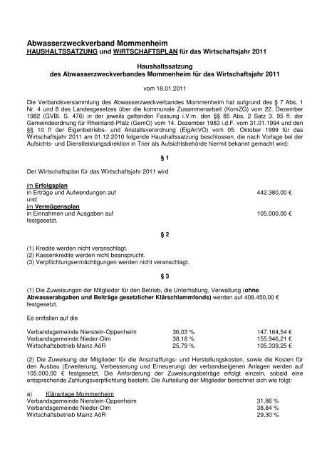 Abwasserzweckverband Mommenheim - Verbandsgemeinde ...