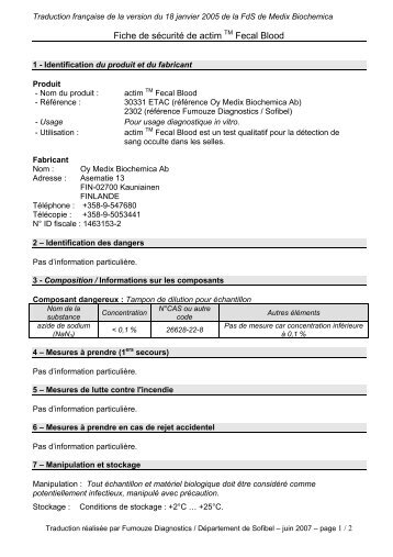 Fiche de sécurité de actim TM Fecal Blood - Fumouze Diagnostics