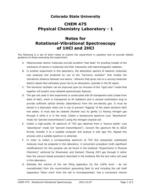 1 Notes for Rotational-Vibrational Spectroscopy of 1HCl and 2HCl