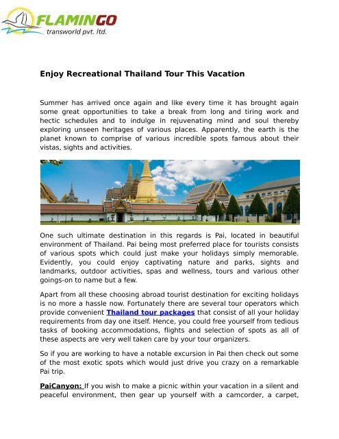 Enjoy Recreational Thailand Tour This Vacation