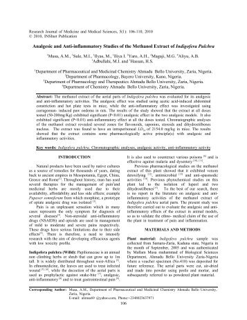 Analgesic and anti-inflammatory studies of the methanol