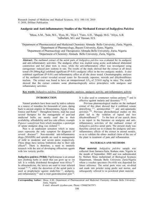 Analgesic and anti-inflammatory studies of the methanol