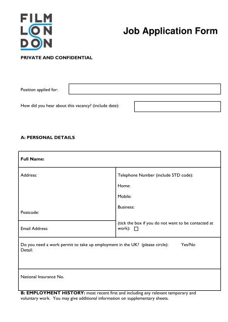 Job Application Form FFormfoEmployment - Film London