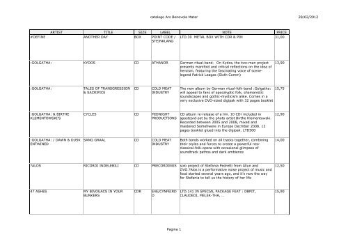 28/02/2012 catalogo Ars Benevola Mater Pagina 1 ARTIST TITLE image picture