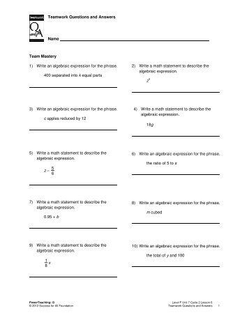 Teamwork Questions and Answers Name Team Mastery 1 ... - CTE