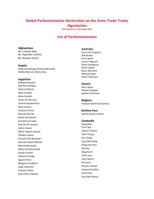 Signatories- List of Parliamentarians - Control Arms