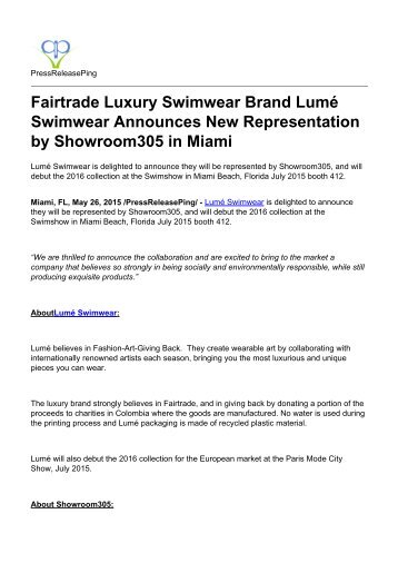 Fairtrade Luxury Swimwear Brand Lume Swimwear Announces New Representation by Showroom305 in Miami