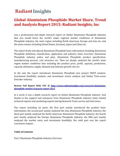 Global Aluminium Phosphide Market Share Trend And Analysis Report 2015 Radiant Insights Inc