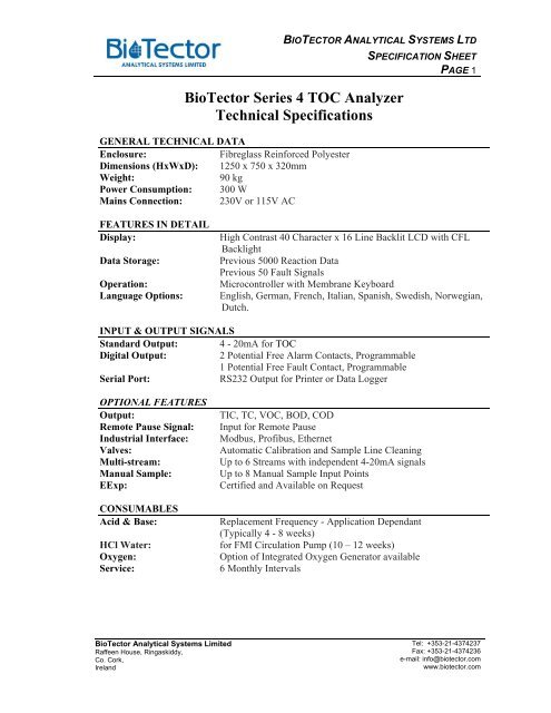 BioTector Series 4 TOC Analyzer Technical Specifications