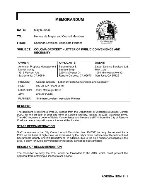 Agenda Item City Of Rancho Cordova