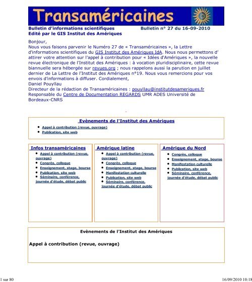 Bulletin num. 27 du 16-09-2010 - Institut des Amériques