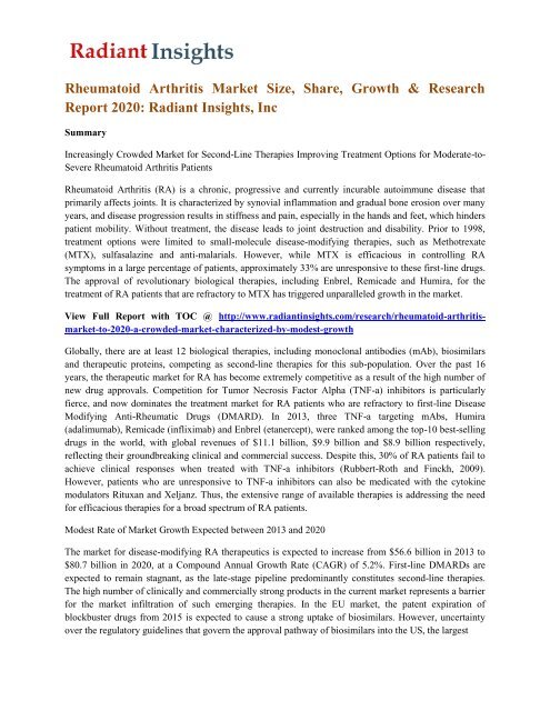 Rheumatoid Arthritis Market Size, Share, Growth & Research Report 2020 Radiant Insights, Inc