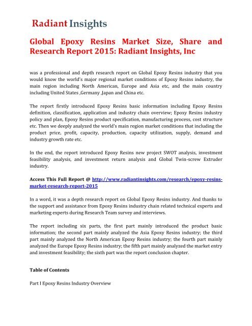 Latest Report - Global Epoxy Resins Market Size, Growth Trends, 2015: Radiant Insights, Inc