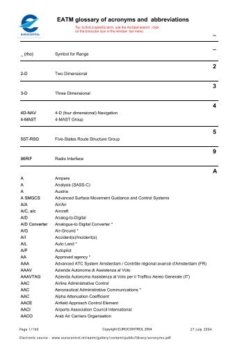 EATM glossary of acronyms and abbreviations     2 3 4 5 9 A