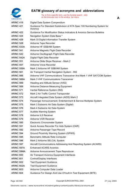 EATM glossary of acronyms and abbreviations     2 3 4 5 9 A