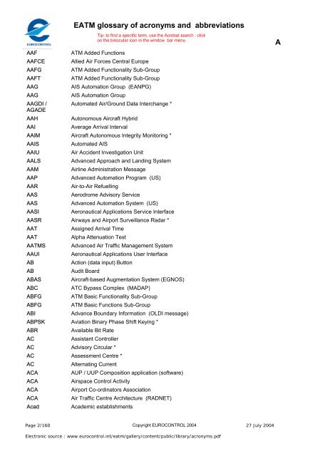 EATM glossary of acronyms and abbreviations     2 3 4 5 9 A