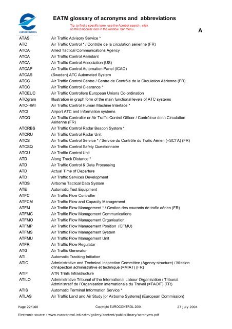 EATM glossary of acronyms and abbreviations     2 3 4 5 9 A