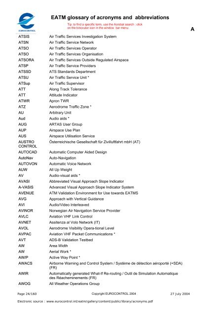 EATM glossary of acronyms and abbreviations     2 3 4 5 9 A