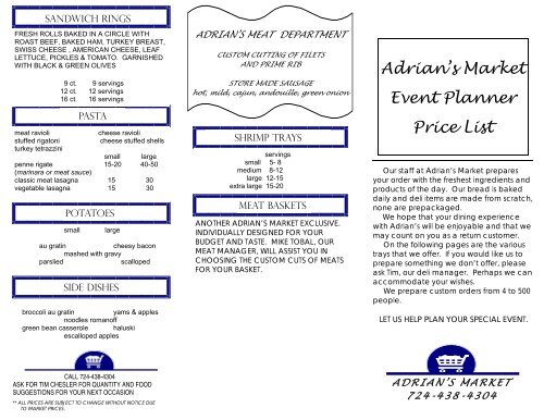 Adrian's Market Event Planner Price List