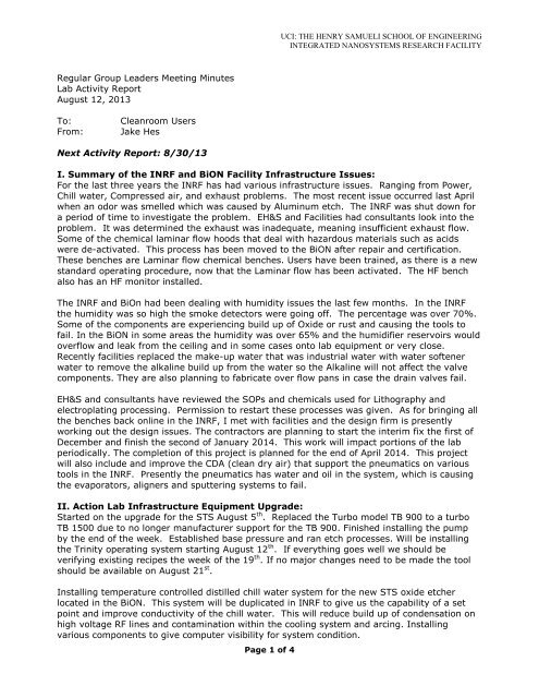 Lab Activity Report Lab Activity Report 8-12-13 - Integrated Nanosystems Research ...