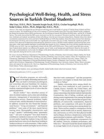 Psychological Well-Being, Health, and Stress Sources in Turkish Dental Students