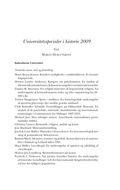 Universitetsspecialer i historie 2009 - Historisk Tidsskrift