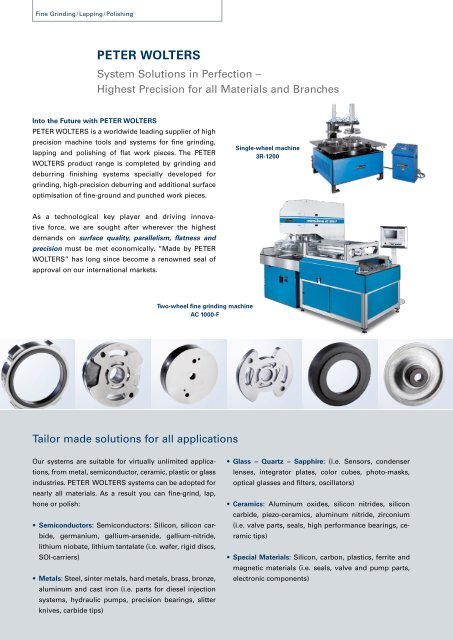 Single-wheel lapping and polishing machines - Peter Wolters AG