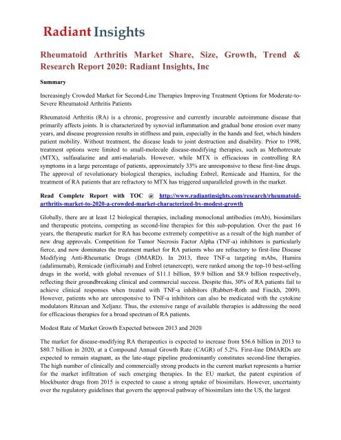 Rheumatoid Arthritis Market Share, Size, Growth, Trend & Research Report 2020 Radiant Insights, Inc