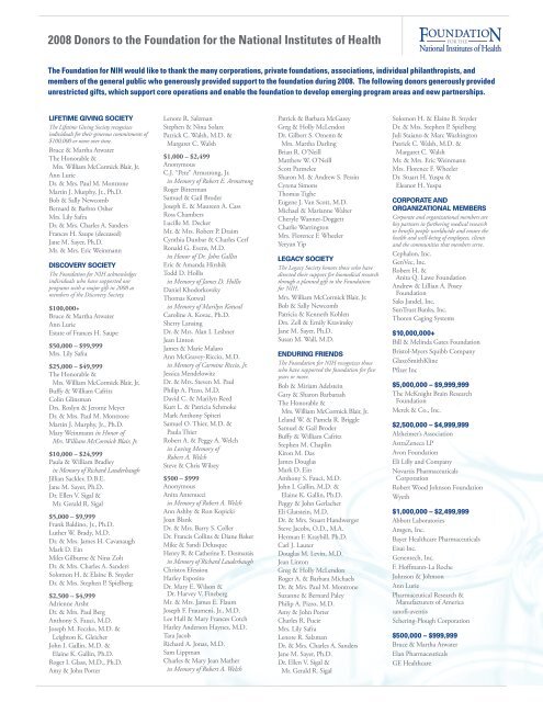 2008 Donors to the Foundation for  the National Institutes of Health