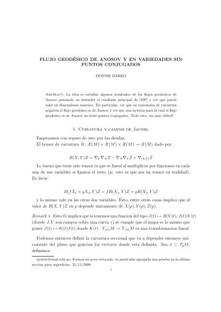 Flujo geodÃ©sico de Anosov y en variedades sin puntos conjugados