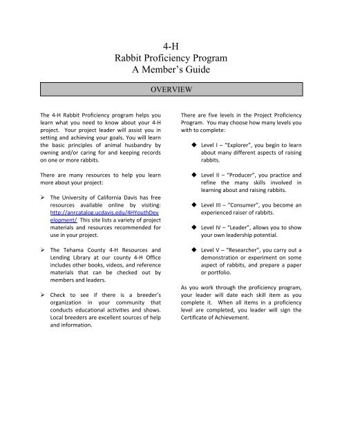 4-H Rabbit Proficiency Program A Member's Guide - Tehama County