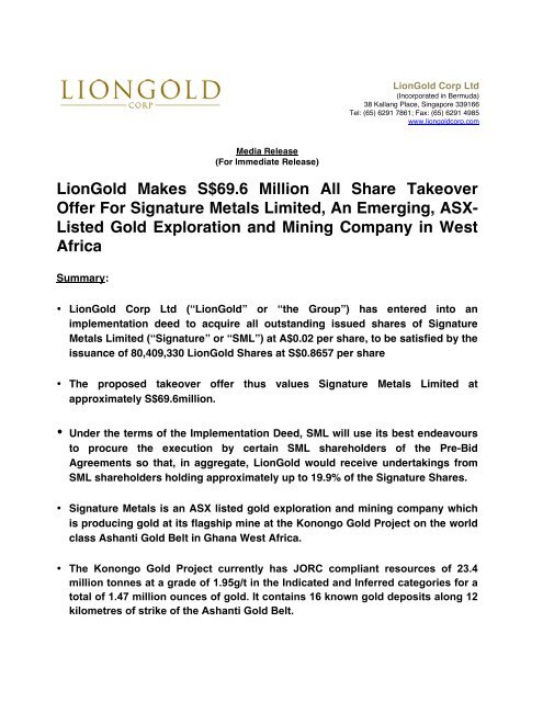 LionGold Media Release in Singapore - Signature Metals
